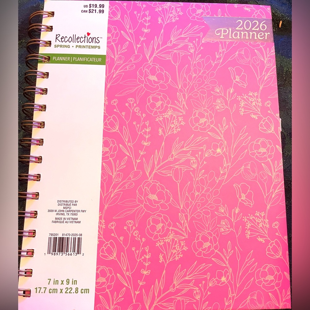 Hardcover Pink Floral Spiral 2026 Organizational Planner w/ Gold Accents,Travel